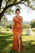 Elegant Burnt Orange Satin One Shoulder Mermaid Bridesmaid Dress with High Slit for Wedding, BD3451
