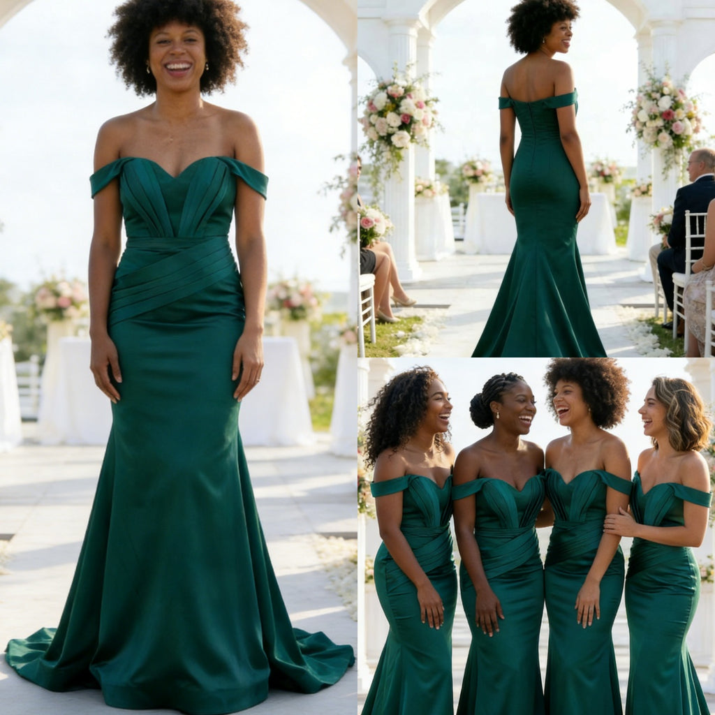 Dark Green Satin Off Shoulder Bridesmaid Gown with Train for Formal Wedding Party, BD3452