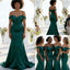 Dark Green Satin Off Shoulder Bridesmaid Gown with Train for Formal Wedding Party, BD3452