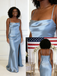 Sexy Dusty Blue Soft Satin Spaghetti Straps Mermaid Bridesmaid Dresses with High Slit, BD3447