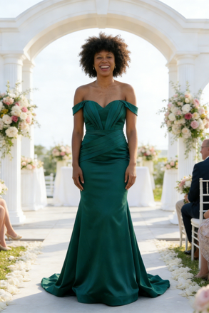 Dark Green Satin Off Shoulder Bridesmaid Gown with Train for Formal Wedding Party, BD3452