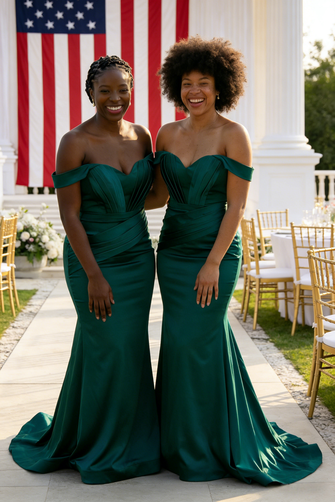 Dark Green Satin Off Shoulder Bridesmaid Gown with Train for Formal Wedding Party, BD3452