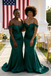 Dark Green Satin Off Shoulder Bridesmaid Gown with Train for Formal Wedding Party, BD3452