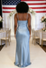 Sexy Dusty Blue Soft Satin Spaghetti Straps Mermaid Bridesmaid Dresses with High Slit, BD3447