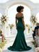 Dark Green Satin Off Shoulder Bridesmaid Gown with Train for Formal Wedding Party, BD3452