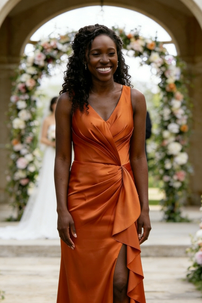 Burnt Orange Satin Bridesmaid Dress with Ruffle Slit V-Neck Wedding Guest Gown, BD3453