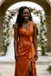 Burnt Orange Satin Bridesmaid Dress with Ruffle Slit V-Neck Wedding Guest Gown, BD3453
