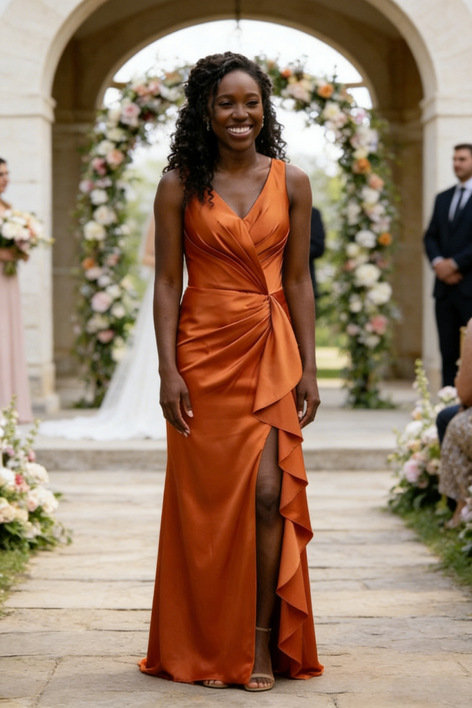 Burnt Orange Satin Bridesmaid Dress with Ruffle Slit V-Neck Wedding Guest Gown, BD3453