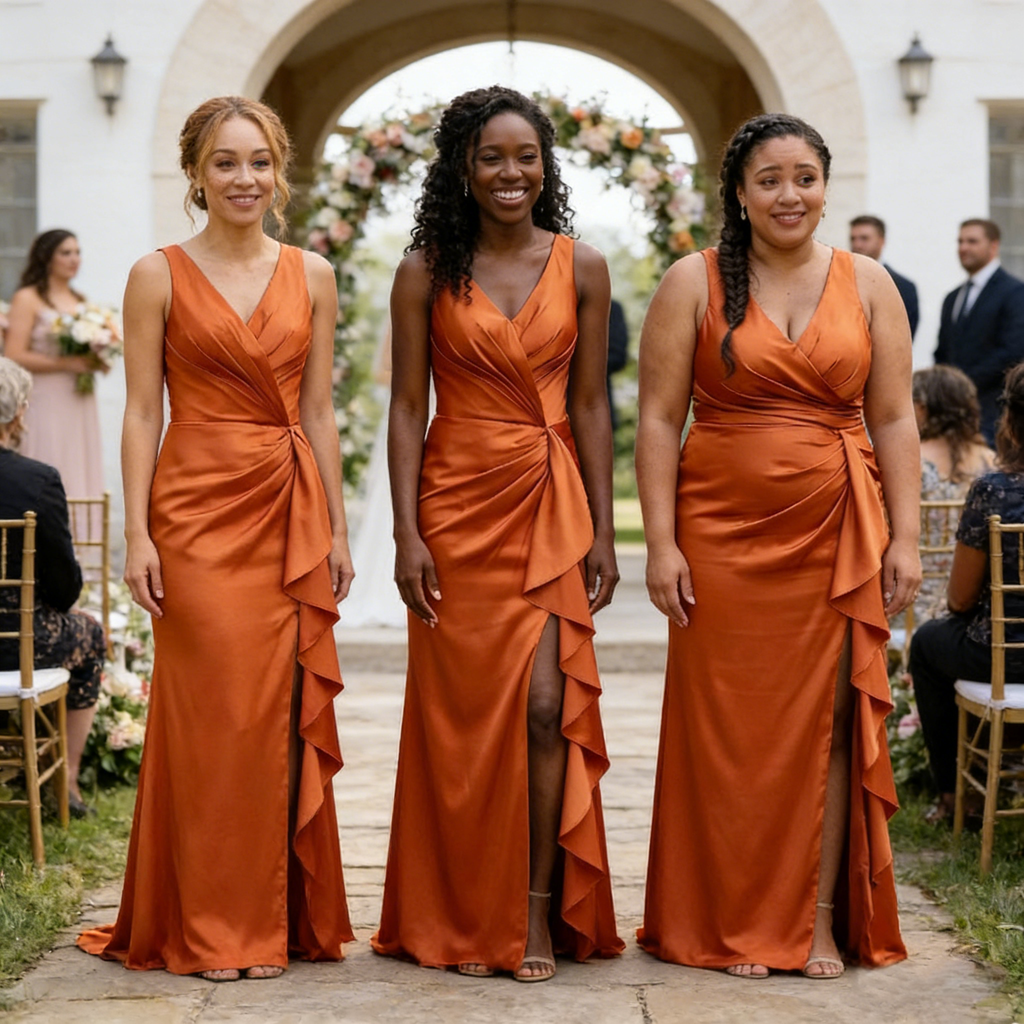 Burnt Orange Satin Bridesmaid Dress with Ruffle Slit V-Neck Wedding Guest Gown, BD3453