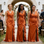 Burnt Orange Satin Bridesmaid Dress with Ruffle Slit V-Neck Wedding Guest Gown, BD3453