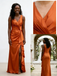 Burnt Orange Satin Bridesmaid Dress with Ruffle Slit V-Neck Wedding Guest Gown, BD3453