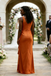 Burnt Orange Satin Bridesmaid Dress with Ruffle Slit V-Neck Wedding Guest Gown, BD3453
