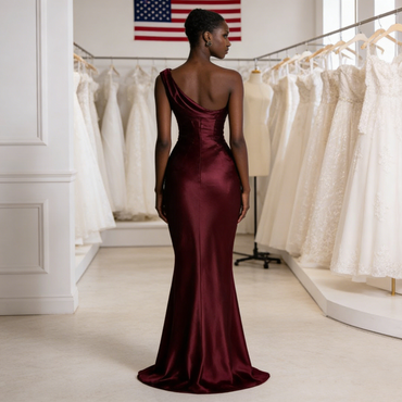 Elegant Burgundy Satin One Shoulder Mermaid Long Evening Gown for Wedding Guest, BD3455