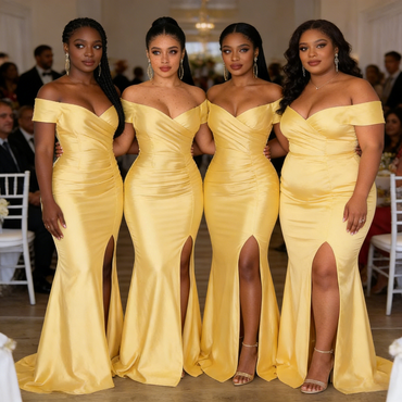 Gorgeous Yellow Off The Shoulder Satin Bridesmaid Dresses Mermaid Silhouette For Summer Weddings, BD3458