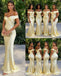Elegant Pale Yellow Off-the-Shoulder Satin Mermaid Silhouette Bridesmaid Dress, BD3459