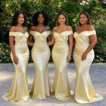 Elegant Pale Yellow Off-the-Shoulder Satin Mermaid Silhouette Bridesmaid Dress, BD3459