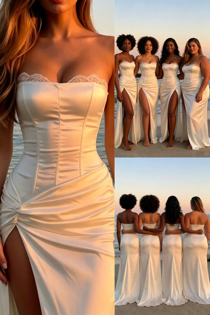 Cream Satin Corset Bridesmaid Dress with Lace Trim & High Slit - Beach Wedding, BD3460