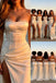 Cream Satin Corset Bridesmaid Dress with Lace Trim & High Slit - Beach Wedding, BD3460