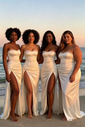 Cream Satin Corset Bridesmaid Dress with Lace Trim & High Slit - Beach Wedding, BD3460