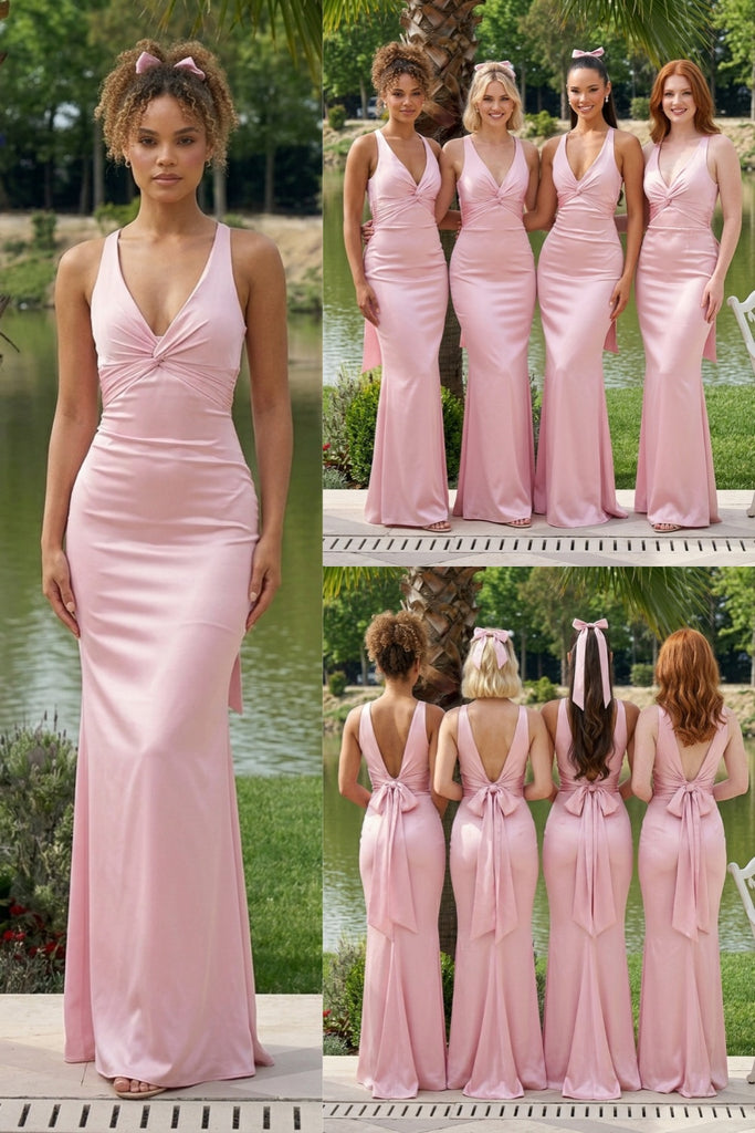 Light Pink Soft Satin Mermaid Bridesmaid Gowns Twist Knot Formal Wedding Party, BD3464