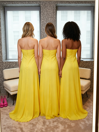 Flowy Chiffon Bright Yellow Strapless A-Line Bridesmaid Dress Long Gown, BD3466