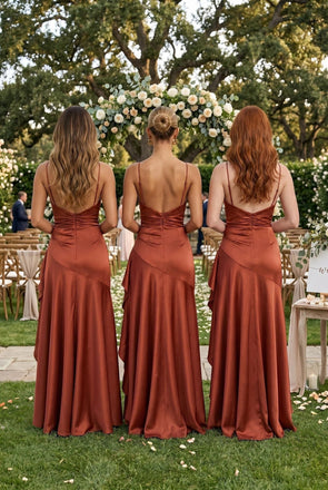 Rust Satin Spaghetti Straps Ruffled Side Slit Bridesmaid Dresses for Fall Wedding, BD3467