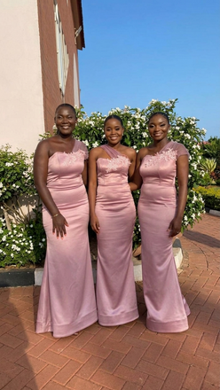 Elegant Blush Pink Soft Satin One Shoulder Bridesmaid Gowns for Wedding Party, BD3468
