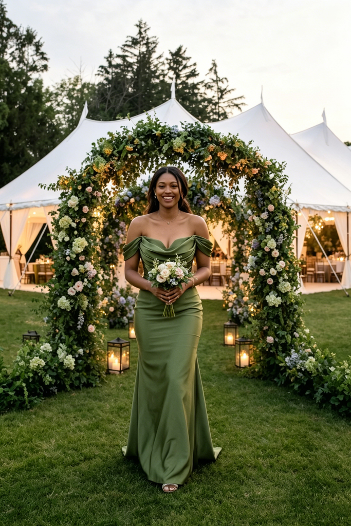 Elegant Olive Green Satin Off The Shoulder Mermaid Bridesmaid Dress for Wedding Party, BD3469