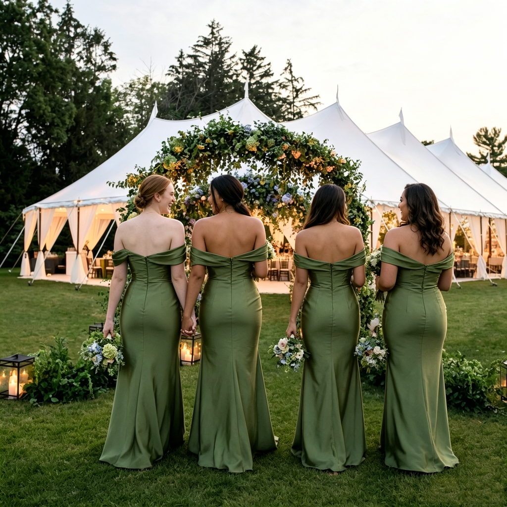 Elegant Olive Green Satin Off The Shoulder Mermaid Bridesmaid Dress for Wedding Party, BD3469
