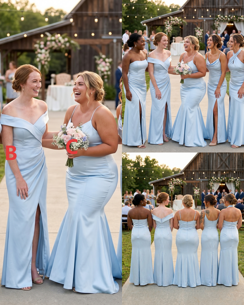 Mismatched Light Blue Soft Satin Mermaid Bridesmaid Dresses for Wedding Party, BD3470