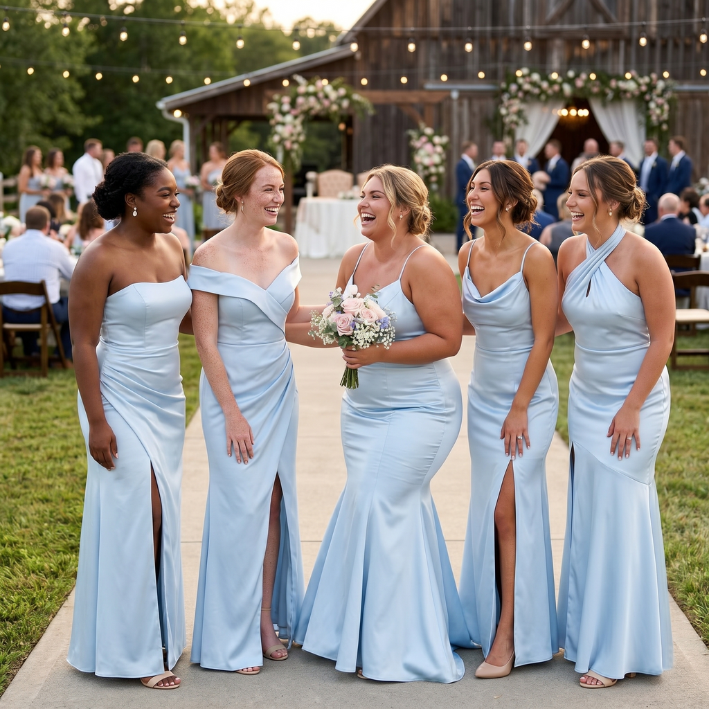 Mismatched Light Blue Soft Satin Mermaid Bridesmaid Dresses for Wedding Party, BD3470