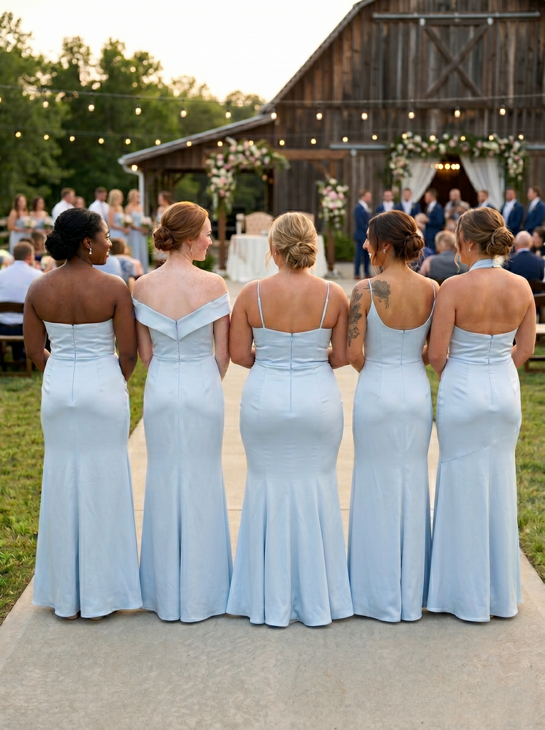 Mismatched Light Blue Soft Satin Mermaid Bridesmaid Dresses for Wedding Party, BD3470