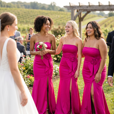 Hot Pink Satin Strapless Mermaid Bridesmaid Dress With Flower Detail, BD3471