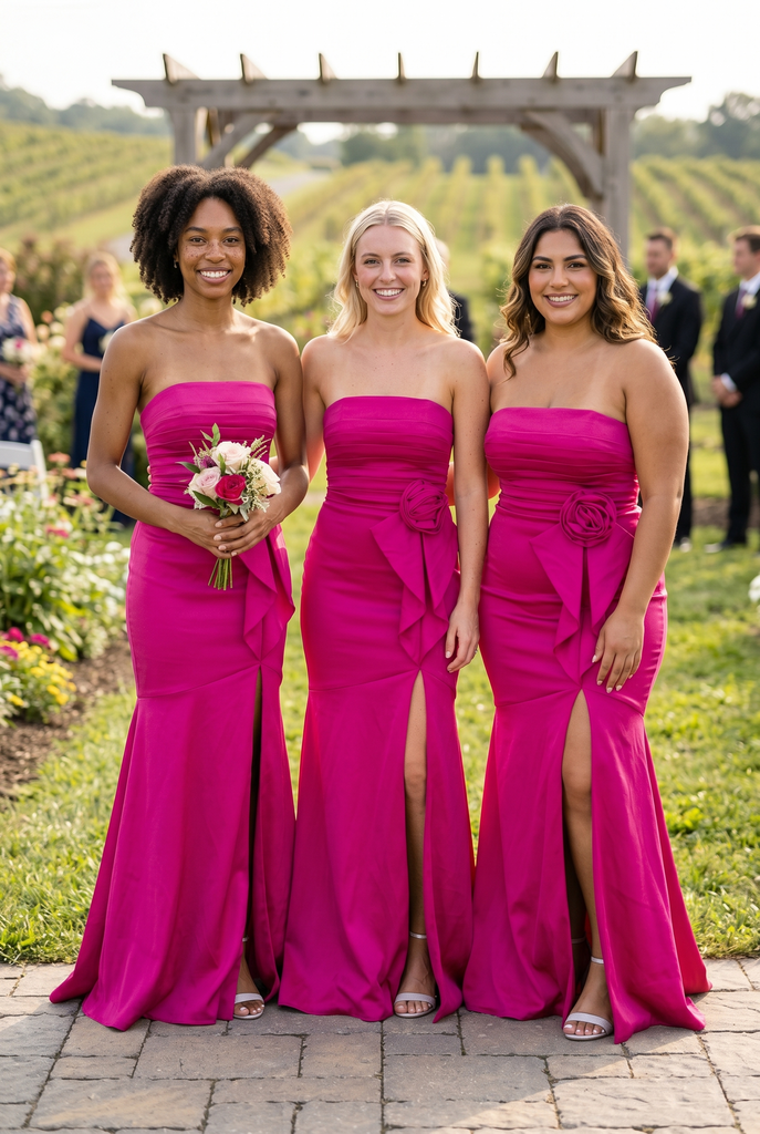 Hot Pink Satin Strapless Mermaid Bridesmaid Dress With Flower Detail, BD3471