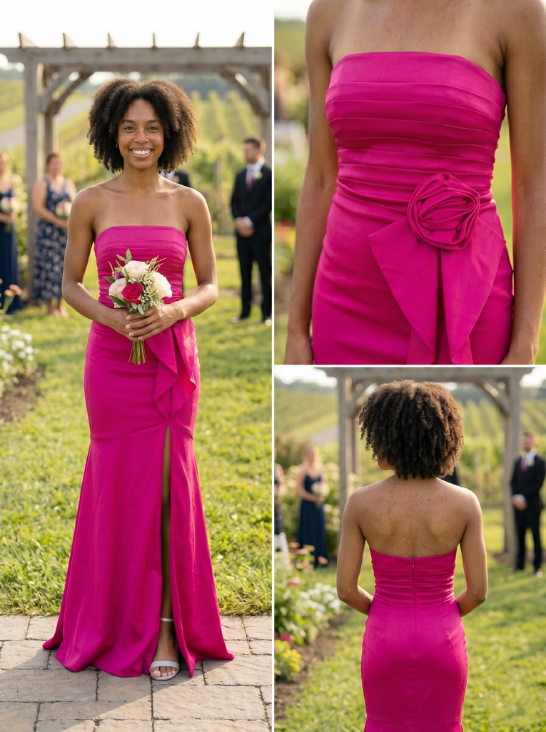 Hot Pink Satin Strapless Mermaid Bridesmaid Dress With Flower Detail, BD3471