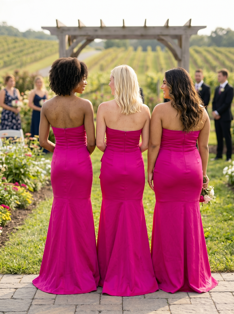 Hot Pink Satin Strapless Mermaid Bridesmaid Dress With Flower Detail, BD3471