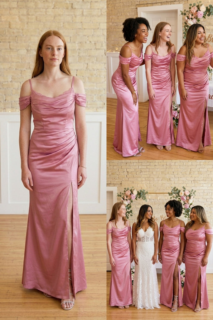 Dusty-Rose Soft Satin Cold Shoulder Side Slit Mermaid Bridesmaid Dress With Ruched Bodice, BD3472