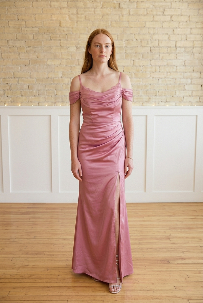 Dusty-Rose Soft Satin Cold Shoulder Side Slit Mermaid Bridesmaid Dress With Ruched Bodice, BD3472