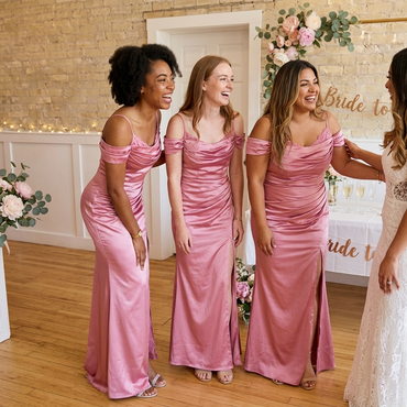 Dusty-Rose Soft Satin Cold Shoulder Side Slit Mermaid Bridesmaid Dress With Ruched Bodice, BD3472