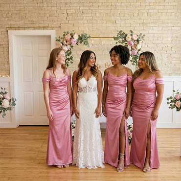 Dusty-Rose Soft Satin Cold Shoulder Side Slit Mermaid Bridesmaid Dress With Ruched Bodice, BD3472