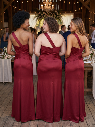 Burgundy Satin One Shoulder Side Slit Mermaid Bridesmaid Dress, BD3473