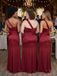 Burgundy Satin One Shoulder Side Slit Mermaid Bridesmaid Dress, BD3473