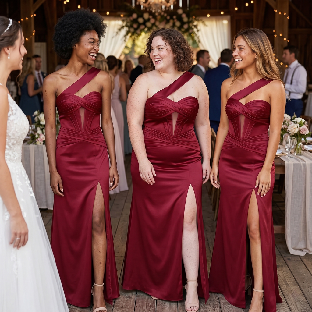 Burgundy Satin One Shoulder Side Slit Mermaid Bridesmaid Dress, BD3473