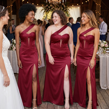 Burgundy Satin One Shoulder Side Slit Mermaid Bridesmaid Dress, BD3473