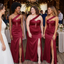 Burgundy Satin One Shoulder Side Slit Mermaid Bridesmaid Dress, BD3473