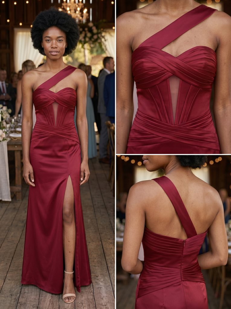 Burgundy Satin One Shoulder Side Slit Mermaid Bridesmaid Dress, BD3473