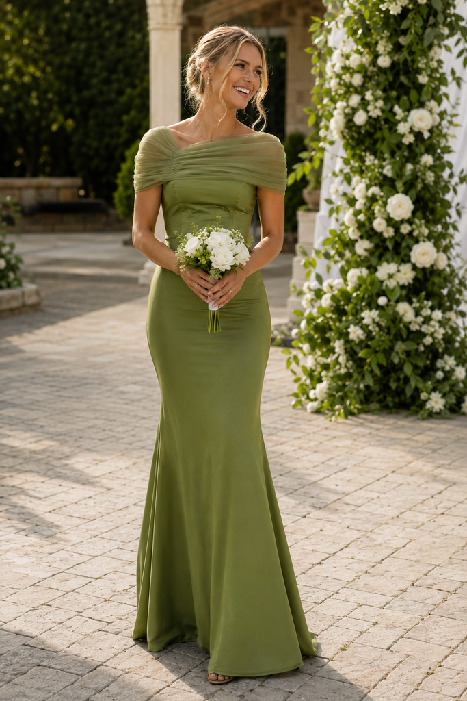 Olive Green Satin Off The Shoulder Mermaid Bridesmaid Dress, BD3474