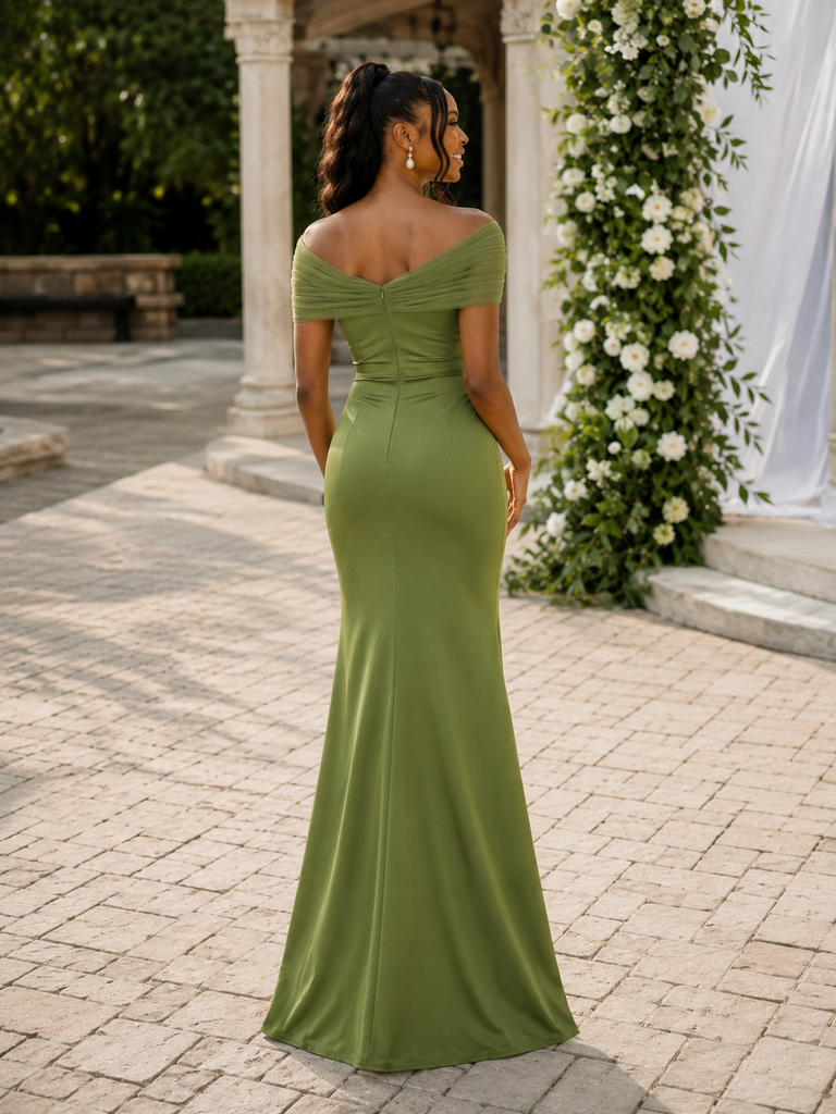 Olive Green Satin Off The Shoulder Mermaid Bridesmaid Dress, BD3474