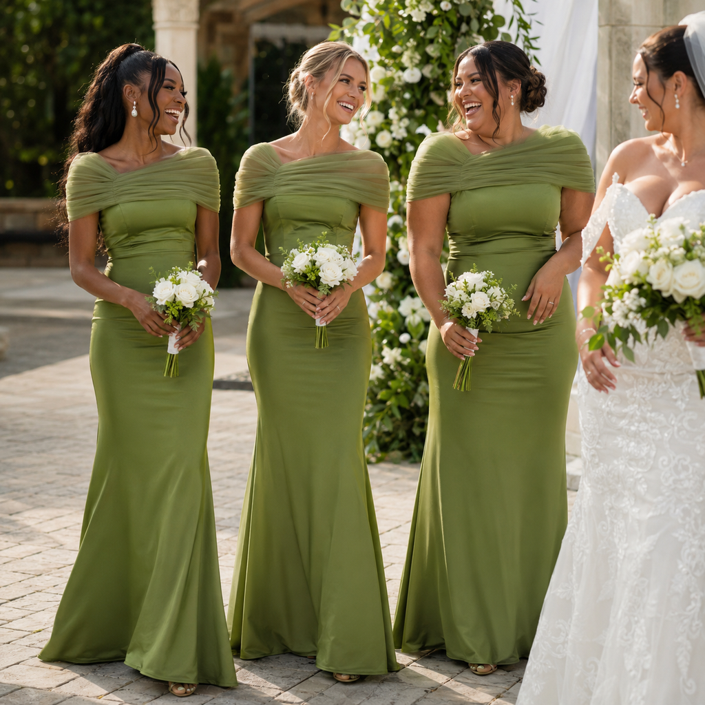 Olive Green Satin Off The Shoulder Mermaid Bridesmaid Dress, BD3474