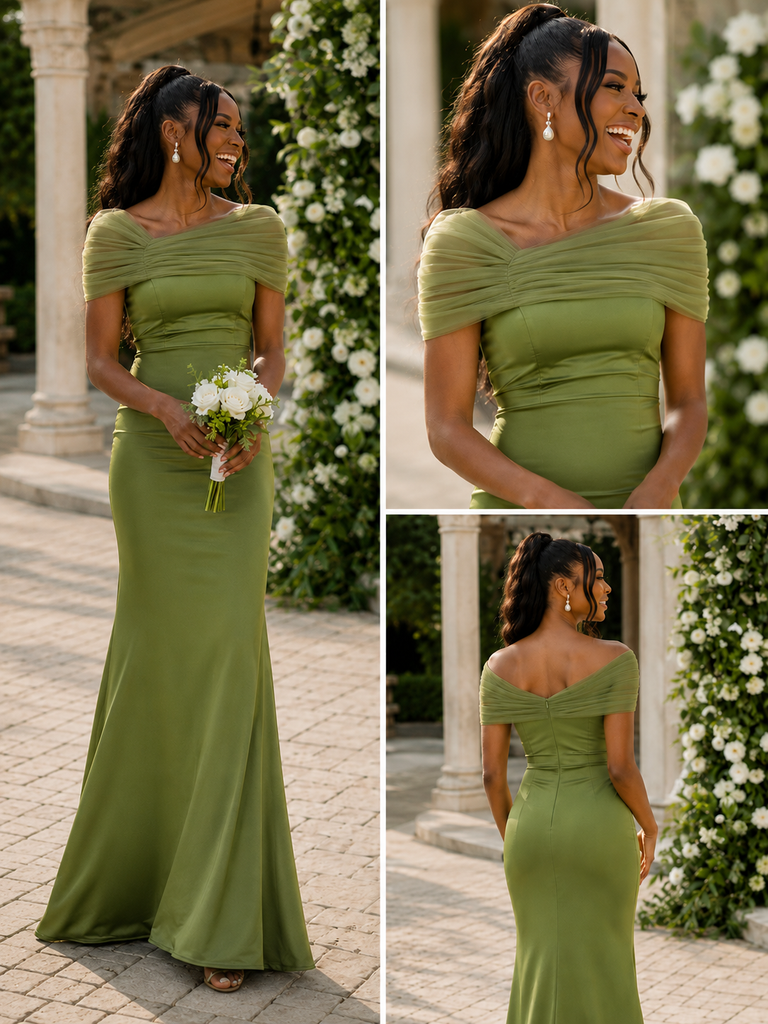Olive Green Satin Off The Shoulder Mermaid Bridesmaid Dress, BD3474